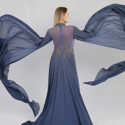 Teal Embellished Cape Gown – Elegant Evening