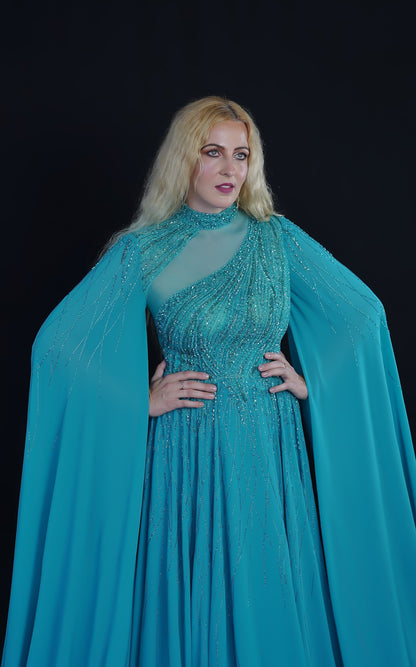 Teal Embellished Cape Gown – Elegant Evening