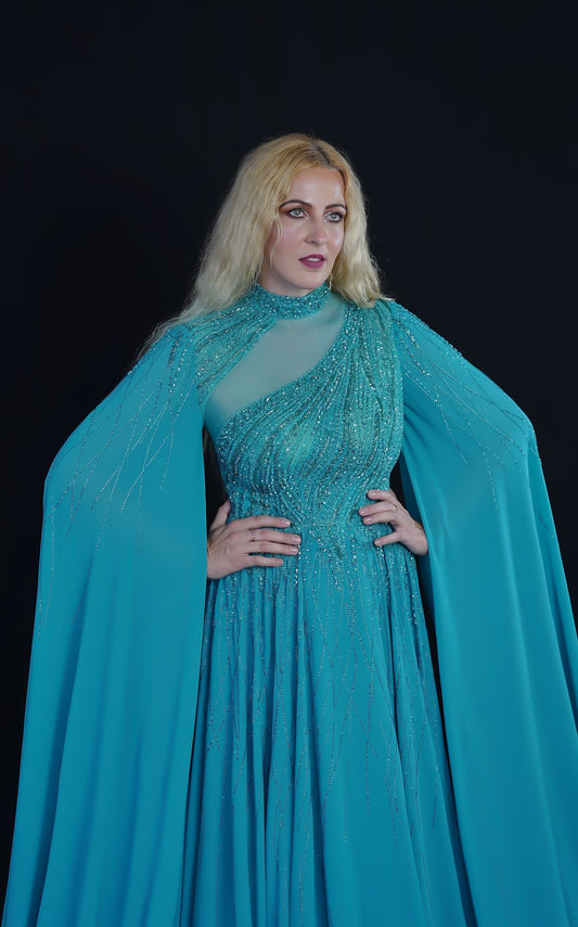 Teal Embellished Cape Gown – Elegant Evening